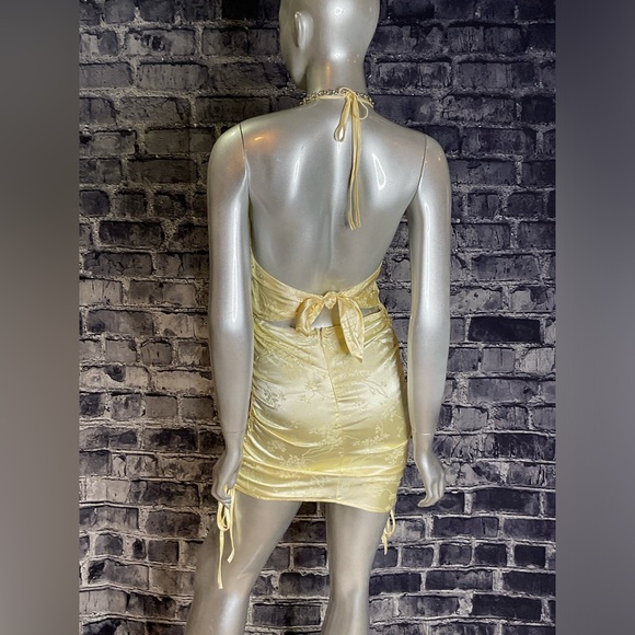 Yellow Satin Brocade Mini Bodycon Summer Dress - Picture 16 of 16